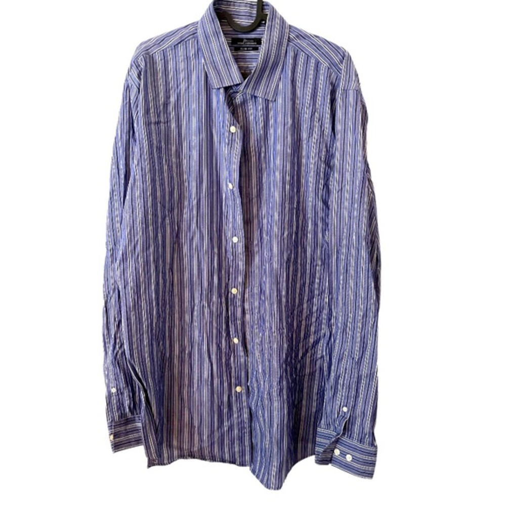 Marc Anthony Blue Button Down Slim Fit Striped Shirt - L